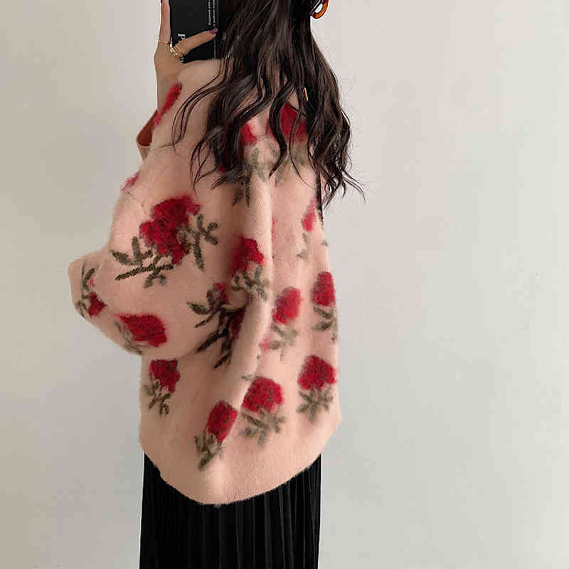 Comelsexy Knit Autumn Winter Vintage Pullover Flower Embroidery Casual Loose Sweater O-Neck Outwear Tops 210515