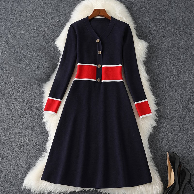 Spring Long Sleeve V Neck Red Contrast Color Striped Knitted Panelled Buttons Mid-Calf Dress Elegant Casual Dresses 21S138B444, Dark blue
Spring Long Sleeve V Neck Red Contrast Color Striped Knitted Panelled Buttons Mid-Calf Dress Elegant Casual Dresses 21S138B444, Dark blue