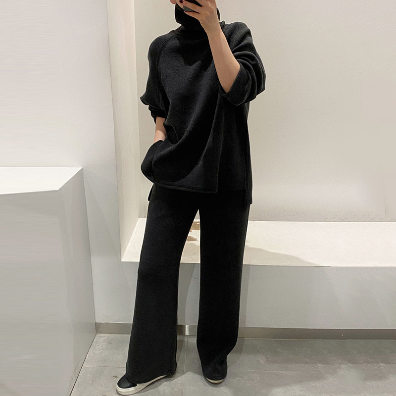 Nomikuma Korean Causal Knitted Two Pieces Sets Turtleneck Long Sleeve Sweater + Stretch Waist Wide Leg Long Pants Suits 6D457 210427