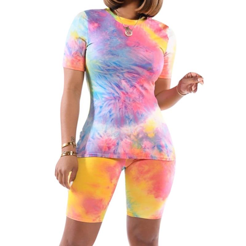 Women Summer Casual Two Pieces Set Outfit Short Sleeve Tie-dye Printed Stripes Clubwear Tracksuit Sportswear Women's Tracksuits