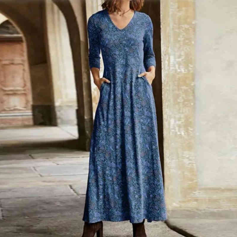 Fall Dresses for Women Long Sleeve Floral Print V-neck Fashion Bohemian Slim Maxi Dress Elegant Clothing New Arrival Spring 210409