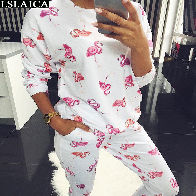 2 piece set women long sleeve tops&long pants flamingo print two outfits sport simple casual 210515