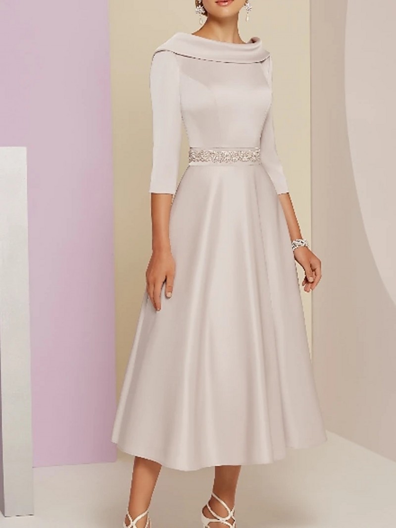 Champagen/Silver A-Line Mother of the Bride Dress Plus Size Elegant Bateau Neck Tea Length Satin 2025 Wedding Party Gown Vestidos Robe De Soiree