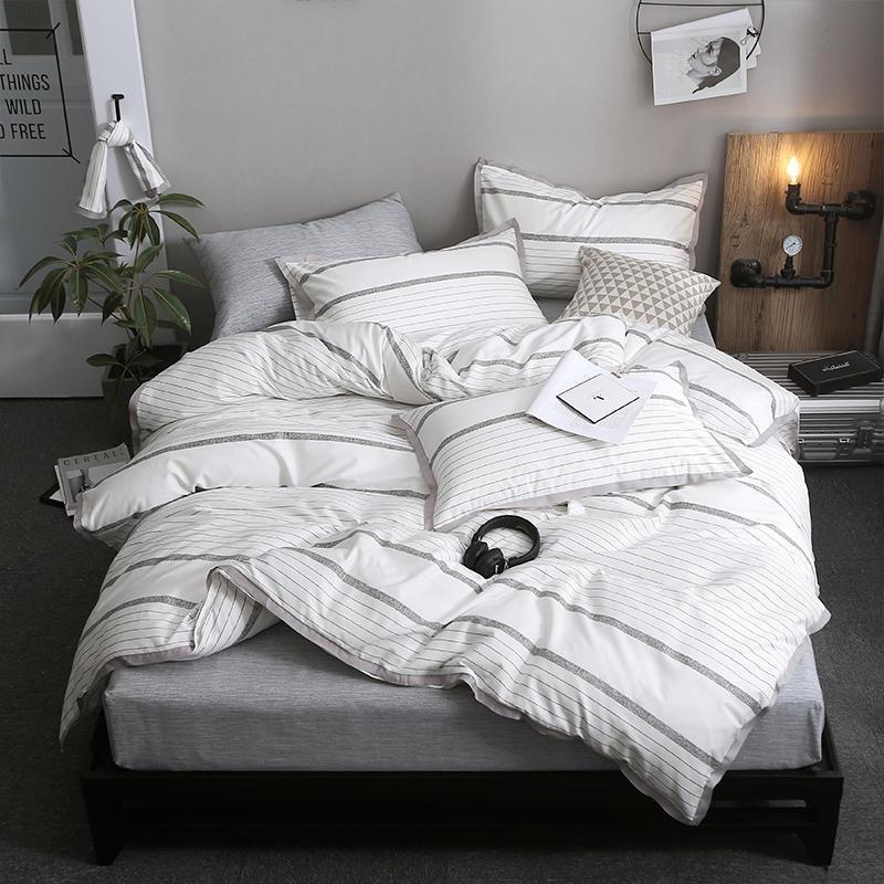 100%Cotton Lightweight Duvet Cover Set,Full/Queen Twin Stripes Gray Bedding Set,Soft Comfortable Comforter Ser Bed Sheet Sets