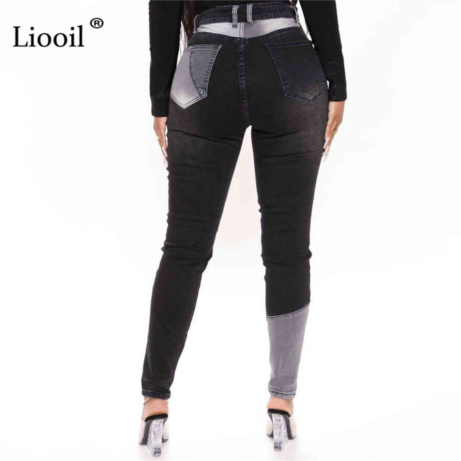90s Color Block Boyfriend Skinny Jeans For Women Streetwear Black Blue Contrast Stitch High Waisted Pencil Pants Denim Trousers 211111