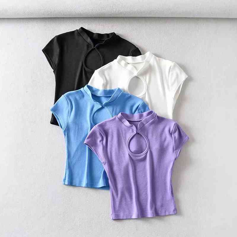 Women Cut Out Front Cotton Spandex Slim Crop Top Sexy Turtleneck Fit Tee 210406