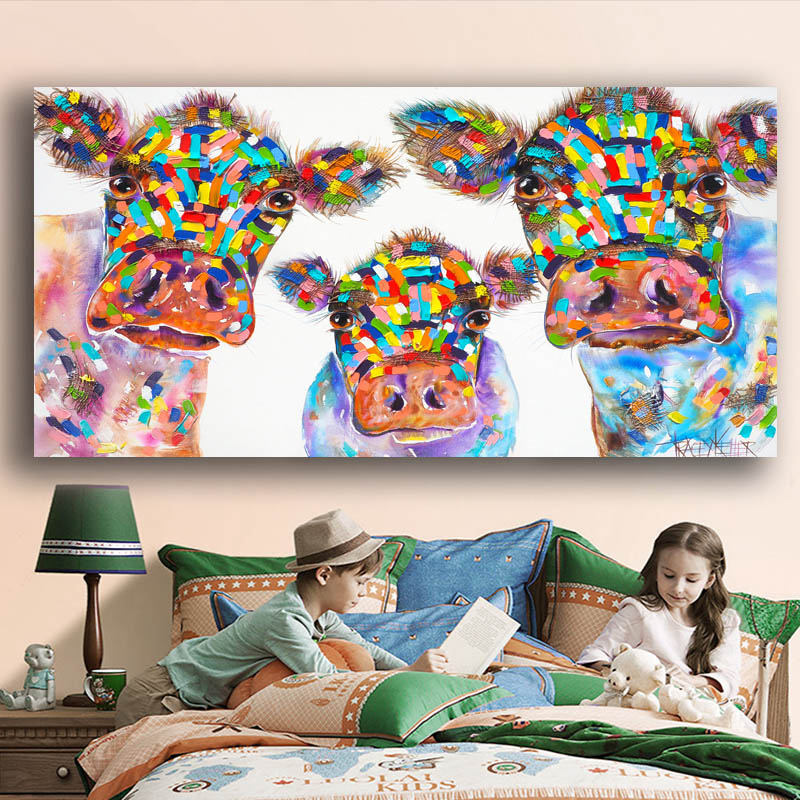 Cartoon Watercolor Canvas Painting Cow Family Wall Art Poster Prints Decorative Animal Picture Children Room Home Decor Unframed