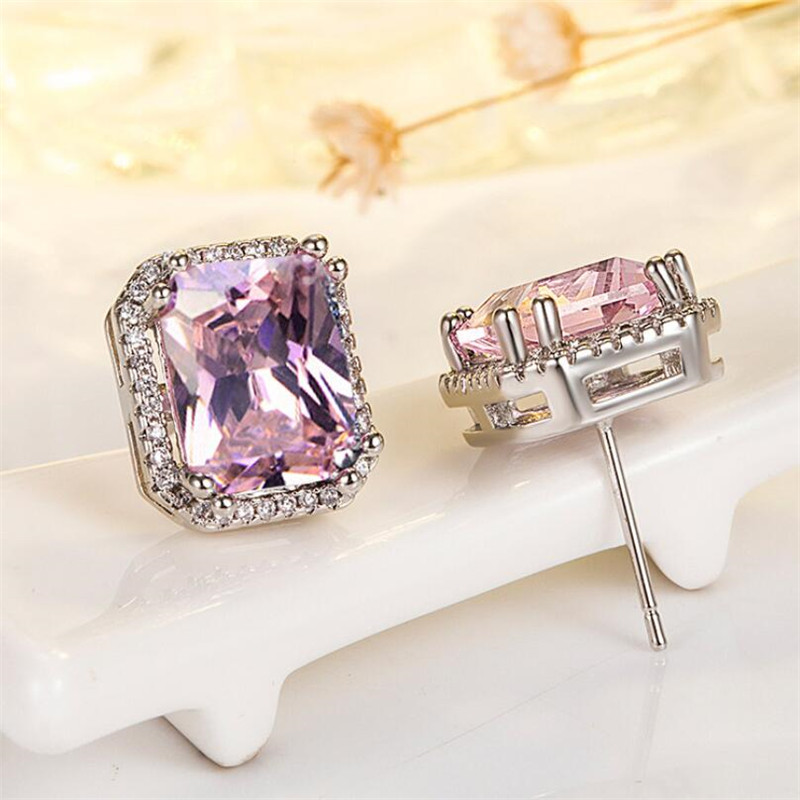 Choucong Top Sell Stud Earring Jewelry Sterling Sier Princess Cut Pink Topaz CZ Dia Gemstones Eternity Women Wedding Earrings For Lovers Gift