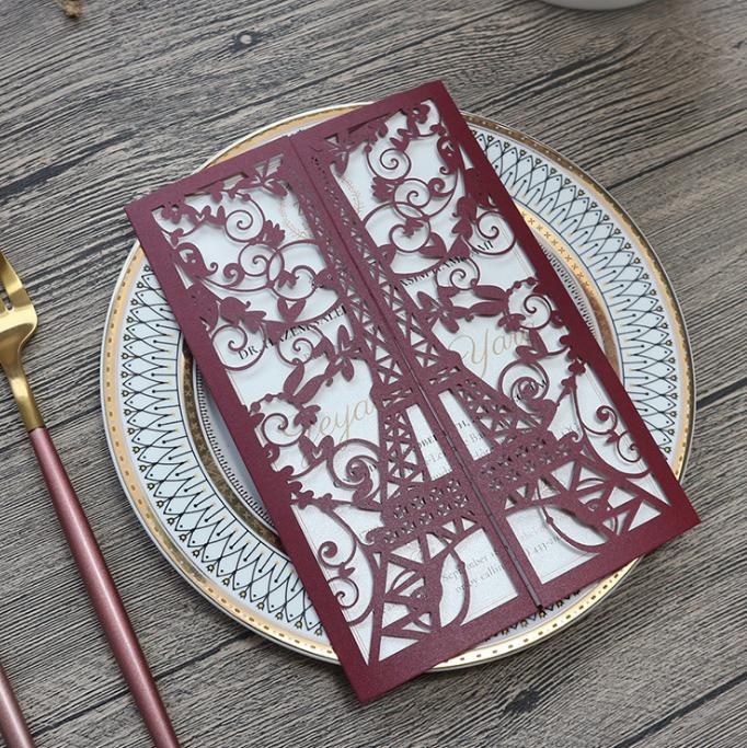 2021 Gold Laser Cut Gate Fold Wedding Invitations Eiffel Tower Sparkle Invitation Card for Bridal Brunch with Red Ribbon DIY Quince Invite