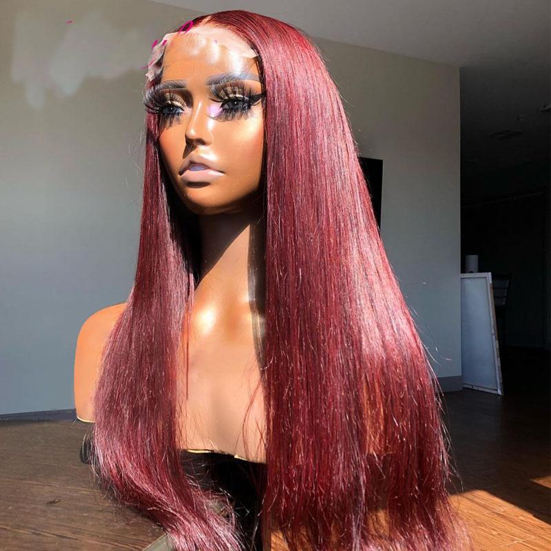 Synthetic Wigs 26Inch Long Burgundy Straight Lace Front Wig For Black Women With Baby Hair Heat Resistant Fiber 180%Density