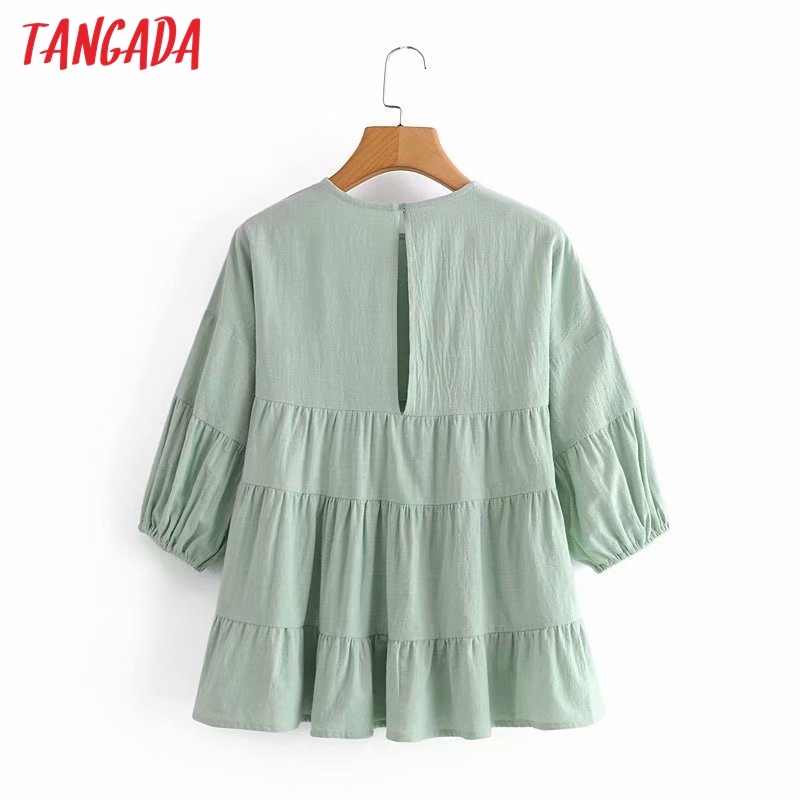 Women Retro Loose Pleated O Neck Three Quater Sleeve Chic Female Shirt Tops 5D49 210416