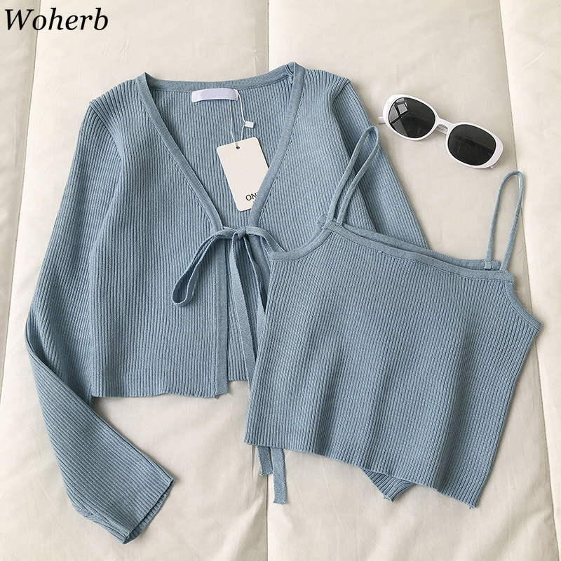 Korean Outfits Women Spring Summer Slim Two Pieces Set Bandage Knitted Cardigan + Vest Chic Fashion Solid Suit Femme 210519