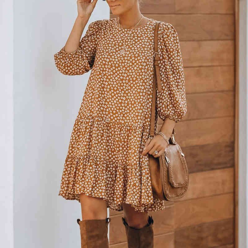 Foridol floral print boho casual winter dress women clothes autumn orange short loose dress vestidos for women 210415