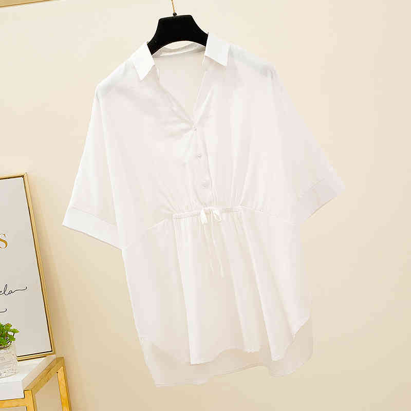 Summer Plus Size 5XL Elegant V-neck Solid Large Girl's Slim Shirts Korean Style Loose Blouse Women White Tops 9884 210506