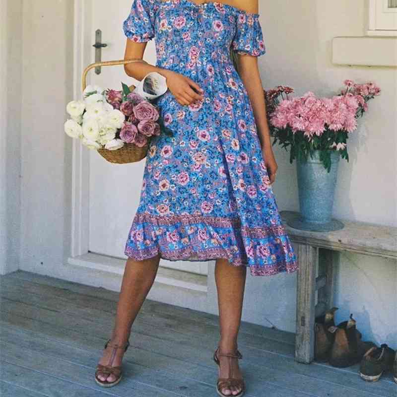 Bohemia Floral print Elastic Ruched Body Slash Shoulder BOHO Dress Summer Holiday Woman Short Sleeve Knee length Beach 210429