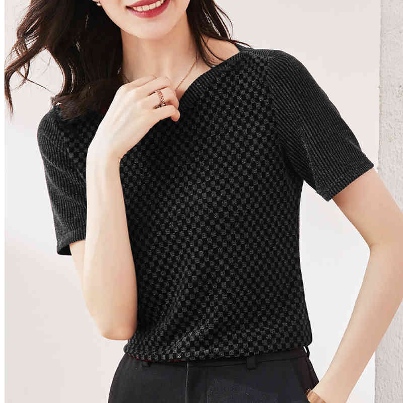 Summer Shirt Women O Neck Slim Wild Knitted Blouse for Short Sleeve Gold and Silver Ladies Tops Clothes 9444 50 210508