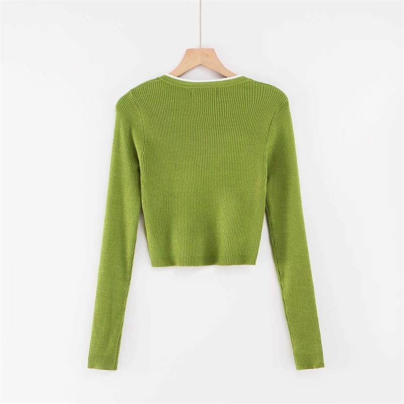 Women Contrast Colors V-neck Long Sleeve Ribbed Sweater Fitted Crop Knit Pullover 210512