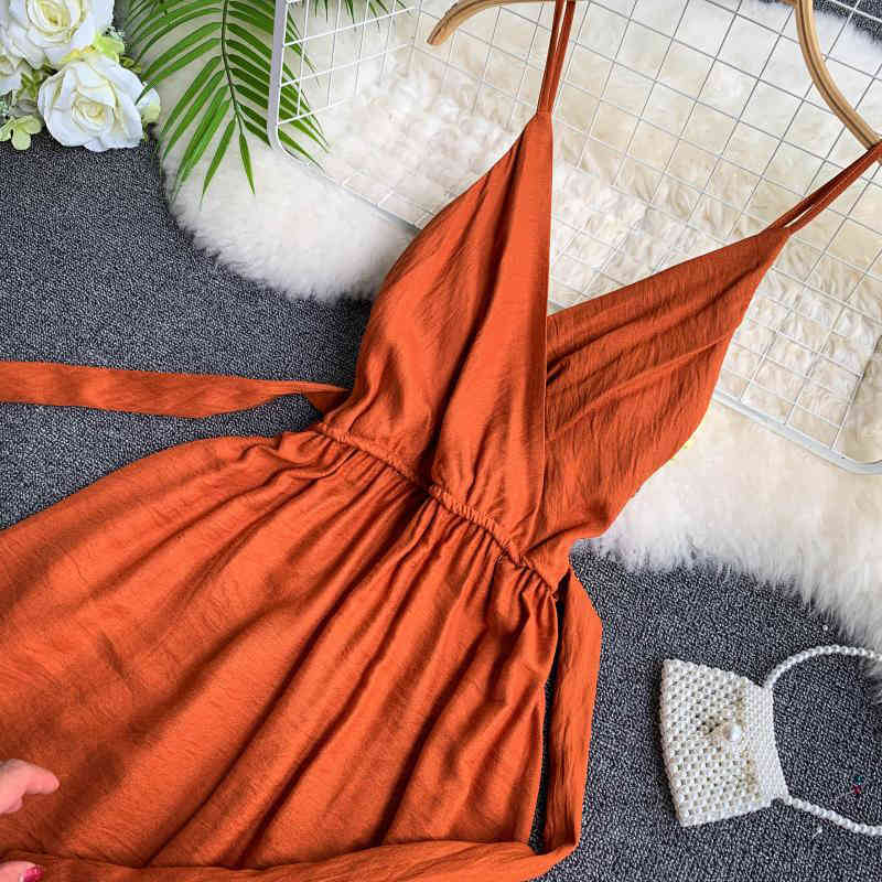 Summer Sexy A Line Spaghetti Strap Dress Solid V-neck Sleeveless Tie Up High Waist Lady Party Dress 210521