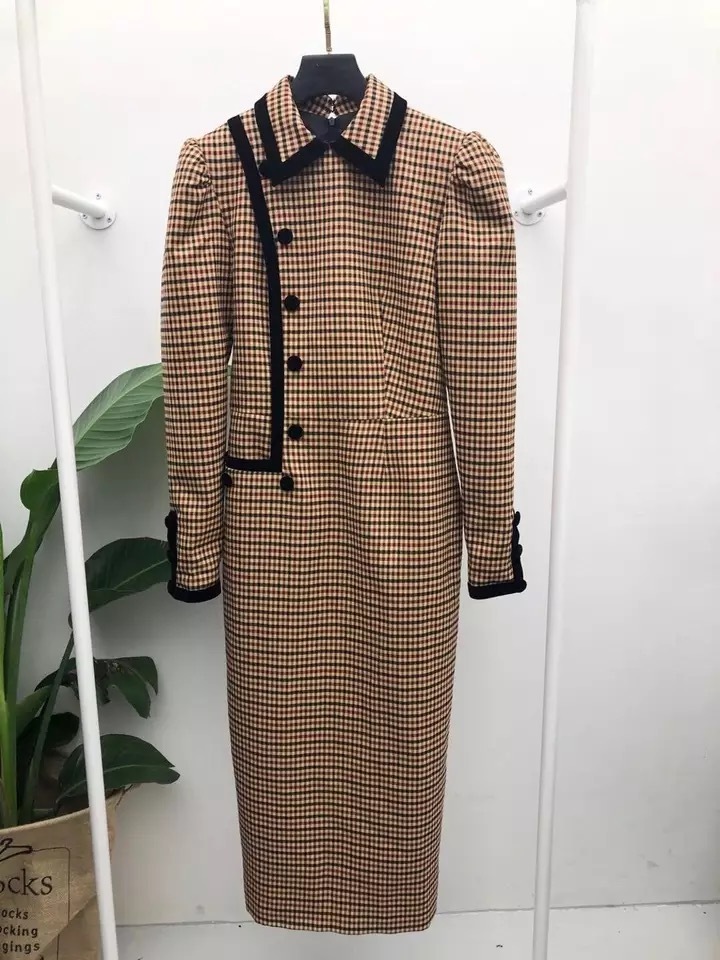 runway elegant plaid turn down colla autumn winter tops long sleeve pencil midi dress office lady buttons high quality 210421