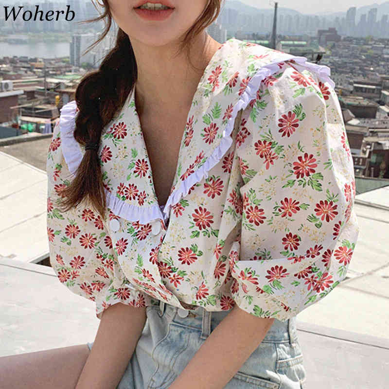 Korean Chic Women Shirt Tops Summer Short Sleeve Turn-down Collar Floral Blouses Office Ladies Stylish Blusas 210519