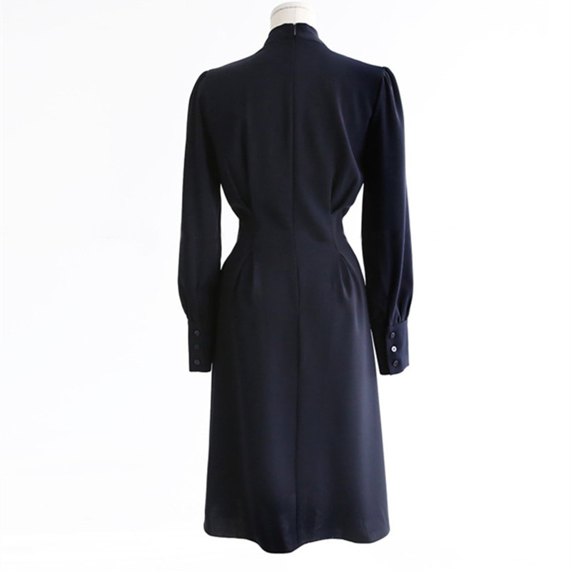 Spring Autumn Elegant Bow Collar Dress Women OL Office Solid Long Sleeve Knee-length es Vestidos 210421