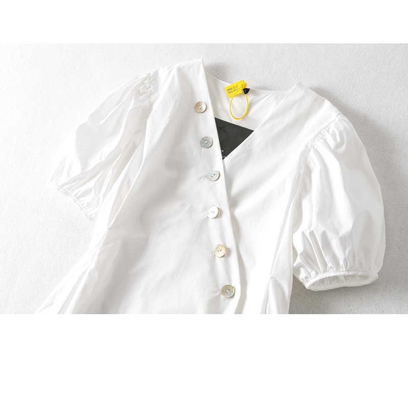 Summer Sexy French V-neck Female Shirt Irregular Short-sleeved Bubble Sleeve Diagonal White Minimalist Chic Women's Tops 210507