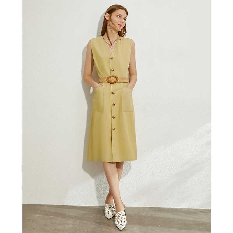 Summer Office Lady Sleeveless Dresses Elegant Solid Vneck Slim Single-breasted Fashion Female Dress 12040158 210527