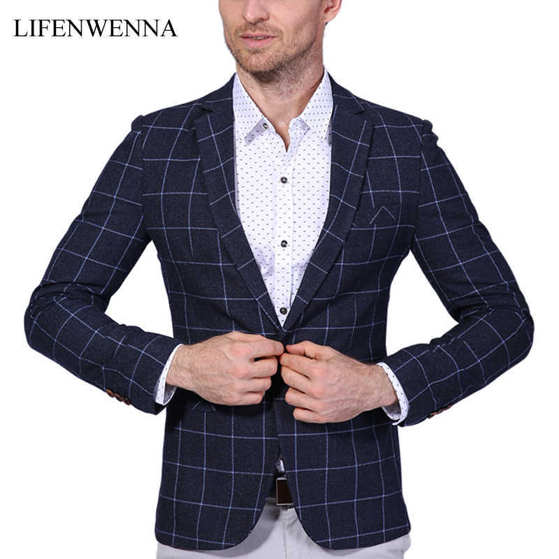 Autumn Arrival Men's Blazer Fashion Plaid Slim Fit Suit Jacket Mens Clothes Trend Office Suit Men Plus Asian Size M-6XL 210528