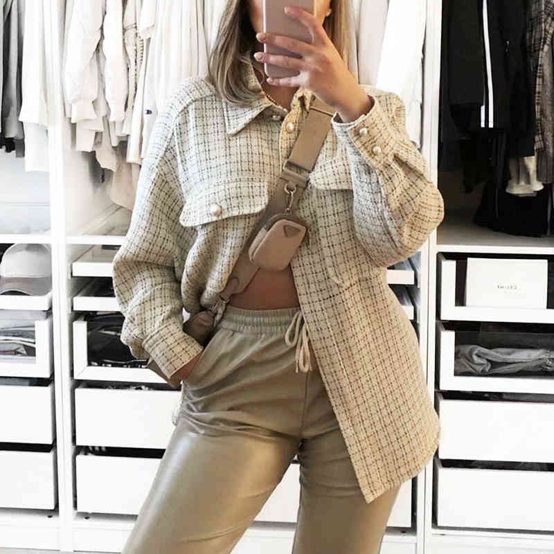 Streetwear long sleeve loose ladies jackets Casual plaid women blouse coat Buttons pockets female blend coats jakets 210508