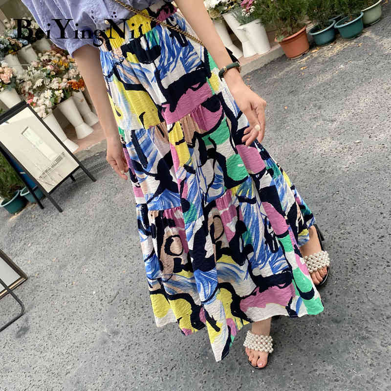 Ankle-length Long Skirts Woman Graffiti Printed Abstract Aesthetic Maxi Skirt Ladies Fashion Korean Vintage Faldas 210506