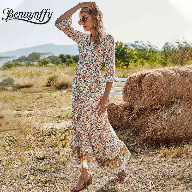 V-neck Button Up Floral Print Vacation Bohemian Maxi Dresses Women Summer Casual Tie Waist 3/4 Sleeve Ruffle Hem Dress 210510