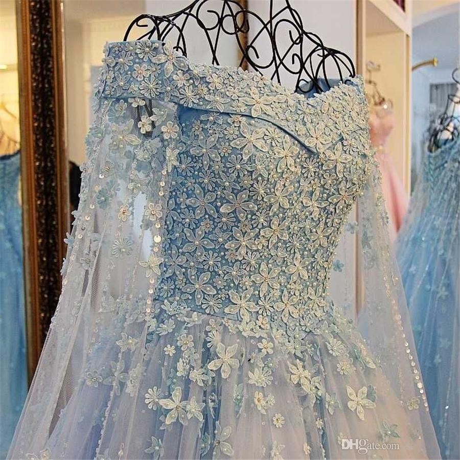 Off Shoulder Tulle Bridal Gowns A Line Wedding Dresses Amazing Sky Blue Handmade Flowers Pearls Beaded 2022 Vestidos De Noiva Mairage