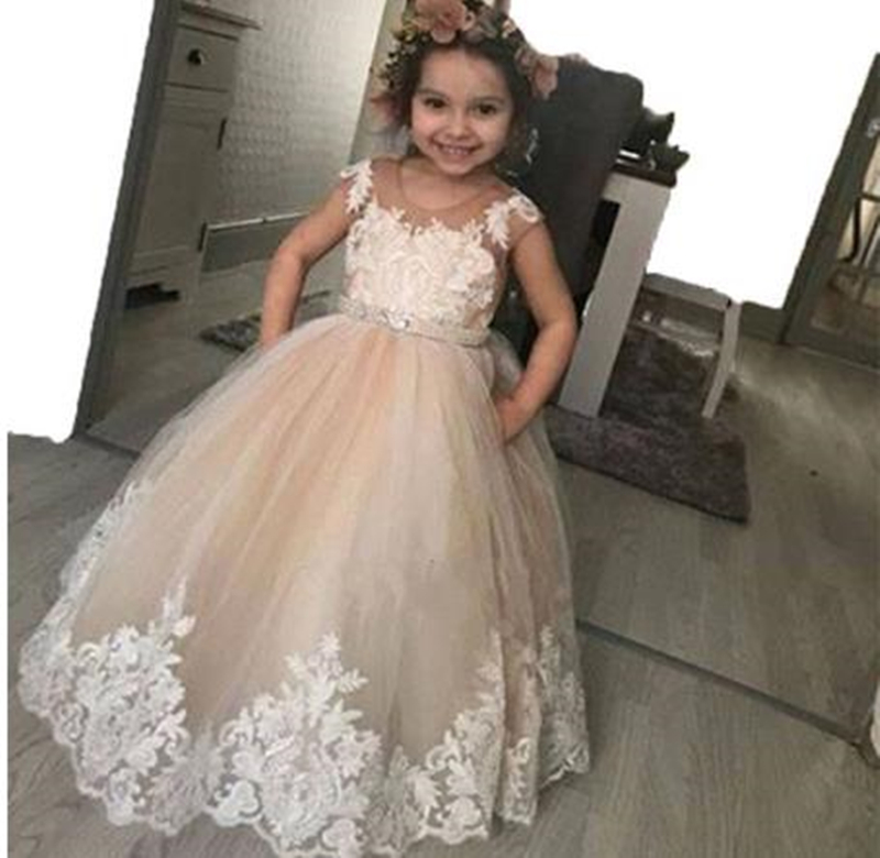 Child Puffy Champagne Tulle Lace Ball Gown Flower Girl Dresses Little Girls Princess Brithday Party Prom Dress Long Floor Length Kids Communion Gowns 