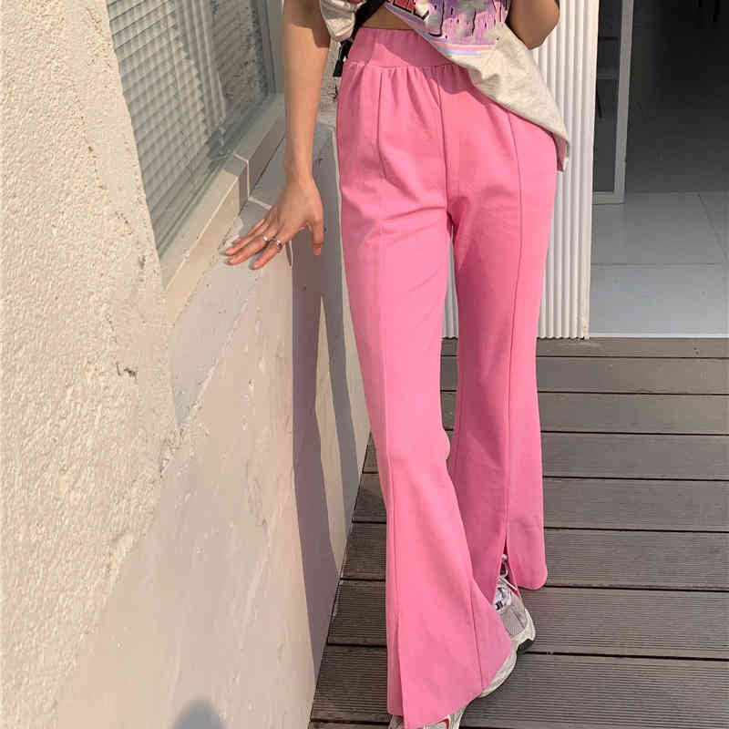 Loose Solid Elastic-Waist Party Thin Split Trousers High Waist Prom Summer Vintage Femme Retro Casual Pants 210421