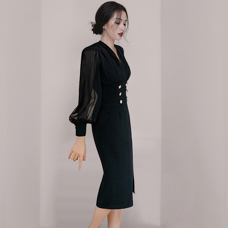 Women Double Breasted Autumn Winter Sexy V Neck Slim Dresses Office Ladies Elegant Chiffon Stitching Vestido 210520