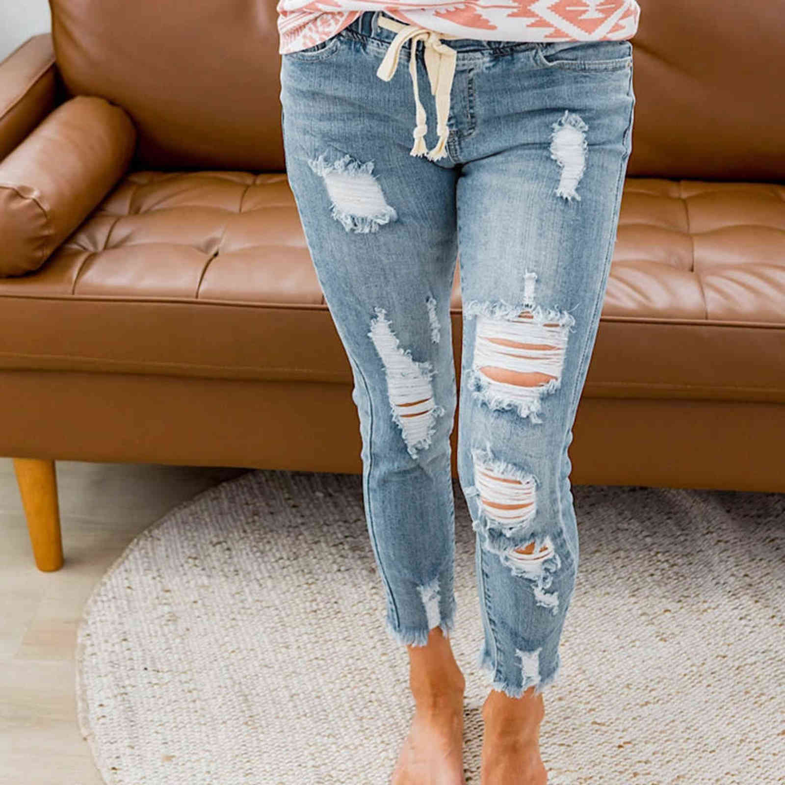 Lace-Up Ladies Pencil Pants Fashion Slim Women Ripped Skinny Jeans Denim Trousers Leggings Blue D30 211129