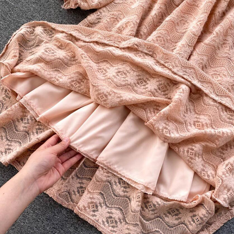 Elegant Party Dress Women Sweet Lotus leaf collar Slim Lace Dress Long Sleeve High Waist Ladies Midi Dress Vestidos 210521