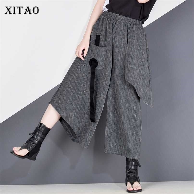 XITAO High Waist Patchwork Hit Color Pants Women Clothes Summer Autumn Fashion Elastic Casual Wide Leg XJ19 211115