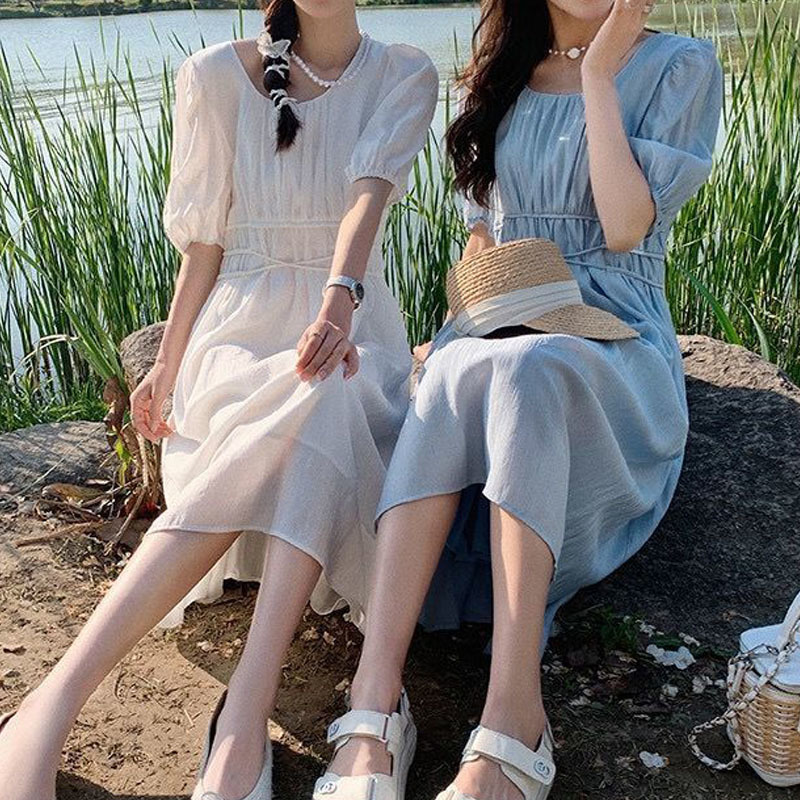 Dress Korean Summer Elegant Midi Dress Women Casual Short Sleeve Beach Solid Dress Female Evening Party Basic 210521