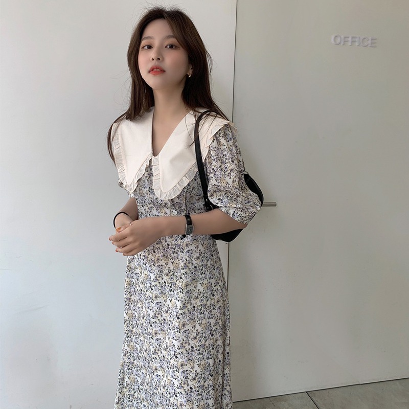 Women Summer Elegant Floral Dress Korea Fashion Peter Pan Collar A-line Casual Sashes Sundress 210519