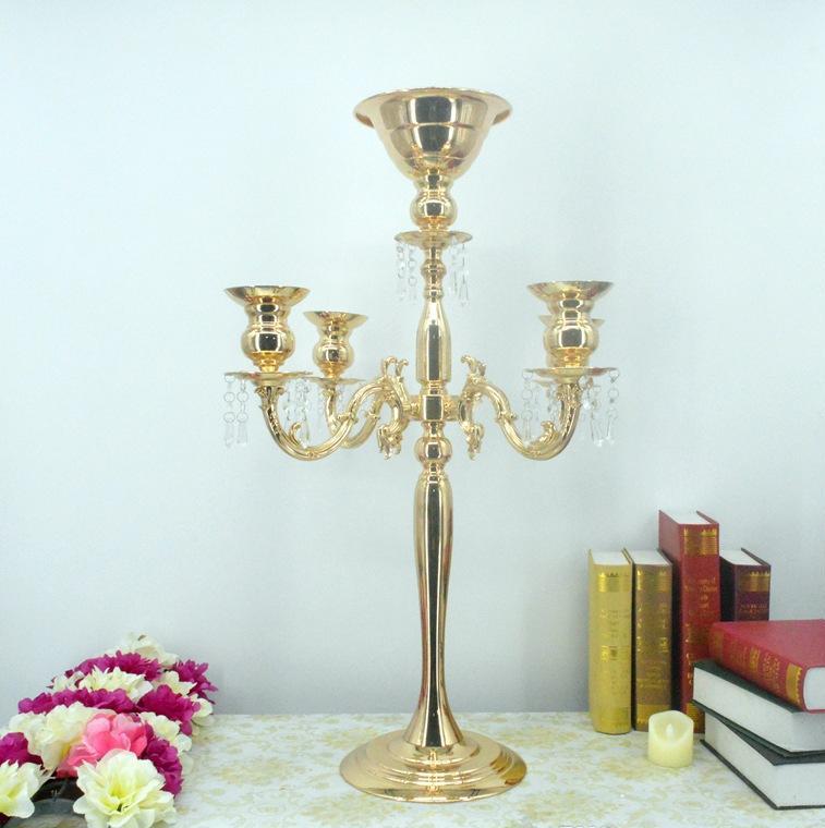 2021 30" Tall Gold Arm Shiny Metal Candelabra Chandelier with Hanging Crystals Votive Candle Holder Wedding Centerpiece