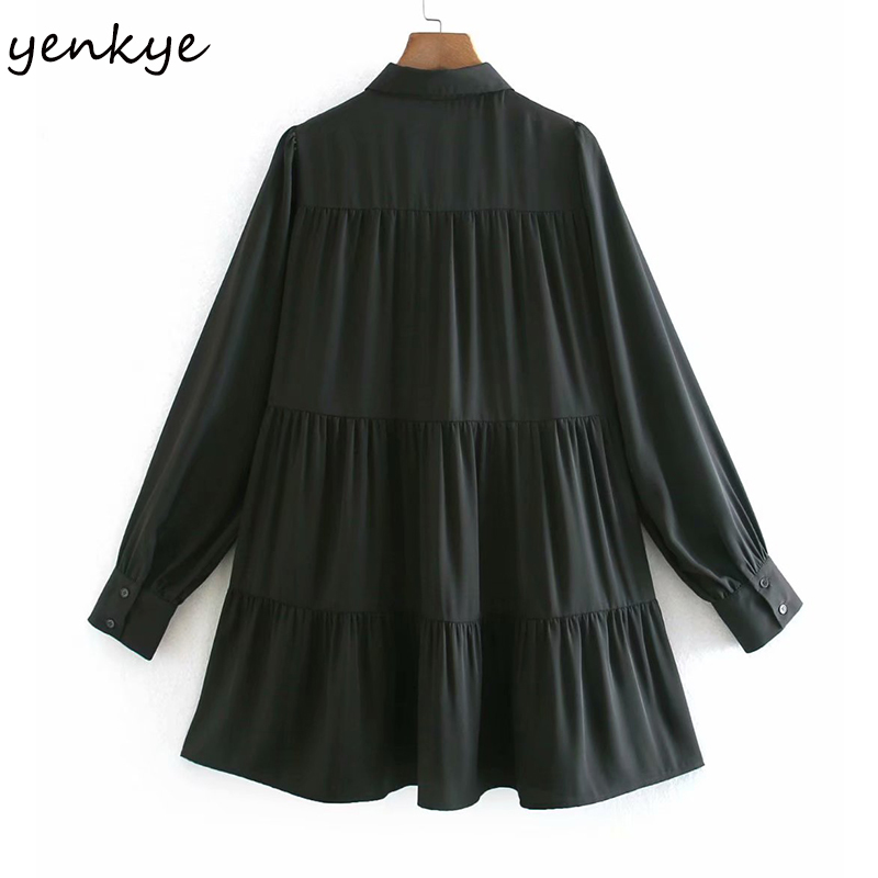 YENKYE Vintage Solid Color Casual Dress Women Lapel Collar Long Sleeve Loose Mini Winter Dress Female Plus Size Short Vestido 210515