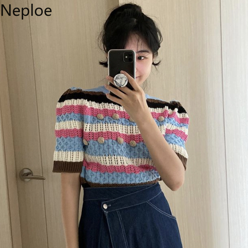 Neploe Knit Cropped T Shirt Women Summer Shirt Hollow Out Contrast Color Striped Tees Korean O Neck Pullover Short Sleeve Tops 210422