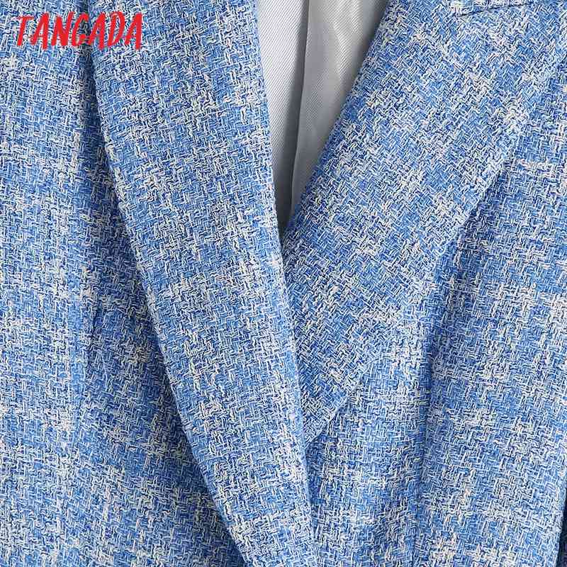 Women Double Breasted Tweed Blue Blazers Coat Office Lady Long Sleeve Pockets Female Outerwear BE508 210416