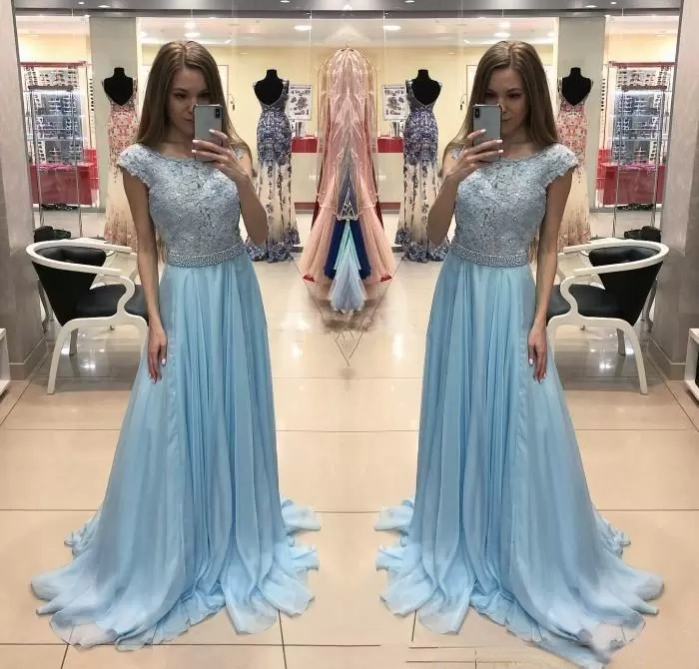 2022 New Light Sky Blue A Line Prom Dresses with Sash Beaded Lace Chiffon Custom Made Formal Evening Wears Plus Size, Black 
2022 New Light Sky Blue A Line Prom Dresses with Sash Beaded Lace Chiffon Custom Made Formal Evening Wears Plus Size, Black