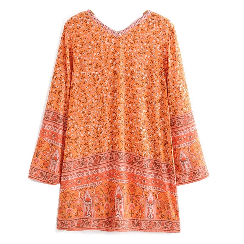 Bohemian Women V neck Location Flower Print Dress Summer Girl's Holiday Flare Long Sleeve Loose Mini Short Dresses Orange 210429