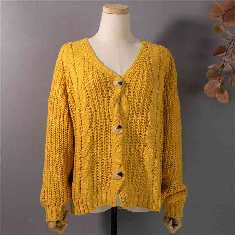 OL Elegant Vintage Solid V-neck Basic Knitted Sweater Female Tops Autumn Winter Loose Warm Cardigan Women Sweaters 210421