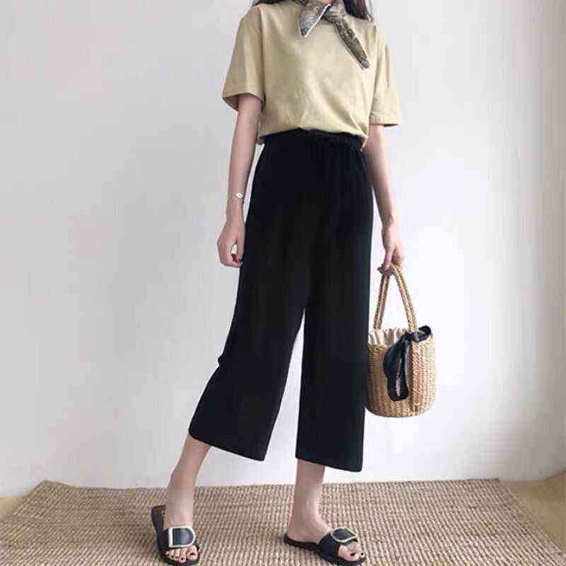 Cusual Pant Spring Summer Anklelength Loose Wide Leg Elastic High Waist Oversize Black Simple Comfortable Elegant Ladies 211124Z