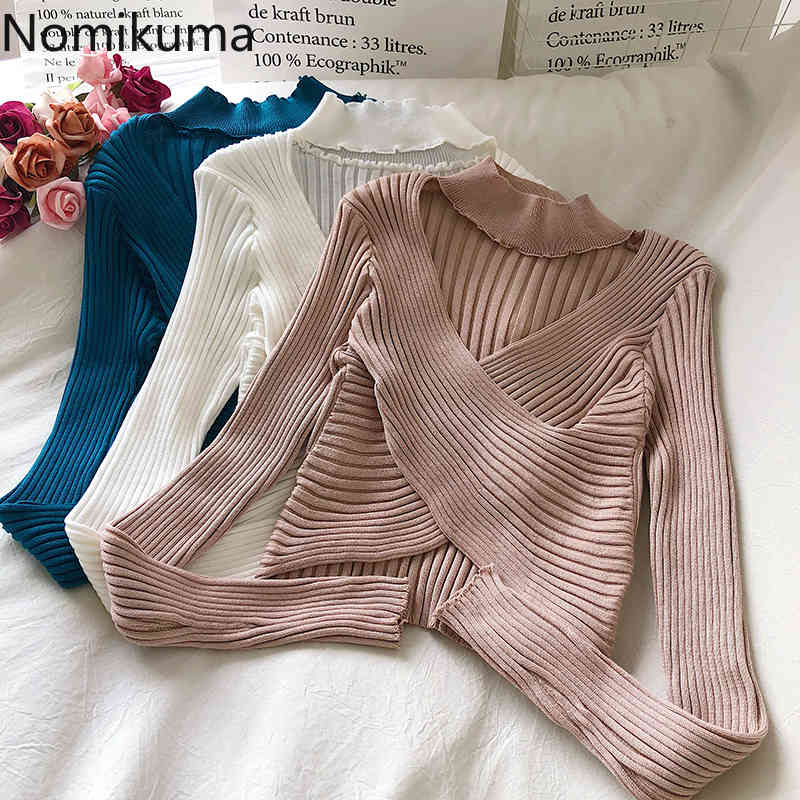 Nomikuma Autumn Korean Elegant Slim Short Pullover Knitwear Halter Corss V-neck Long Sleeve Knitted Women Tops New 6B984 210427