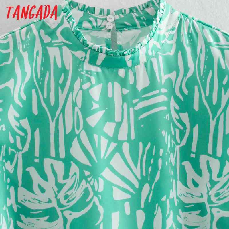 Women Retro Green Print Blouse Long Sleeve Stand Collar Female Casual Loose Shirt Blusas Femininas CE129 210416